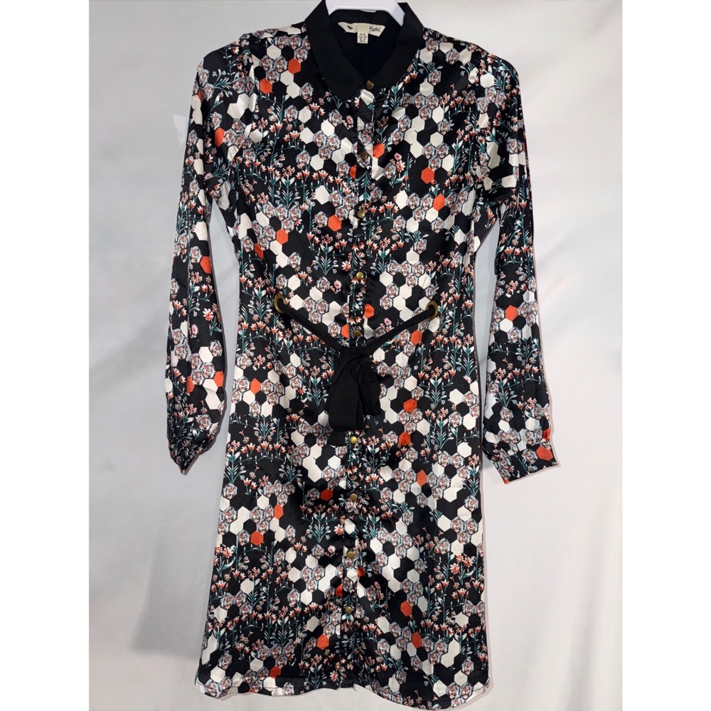 Yumi Black Floral Honeycomb Satin Shirt Dress Long Sleeve Tie Waist US‎ 6